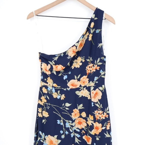 Lulus Elegant Admiration One Shoulder Maxi Dress Womens Medium Navy Blue Floral - Picture 4 of 9
